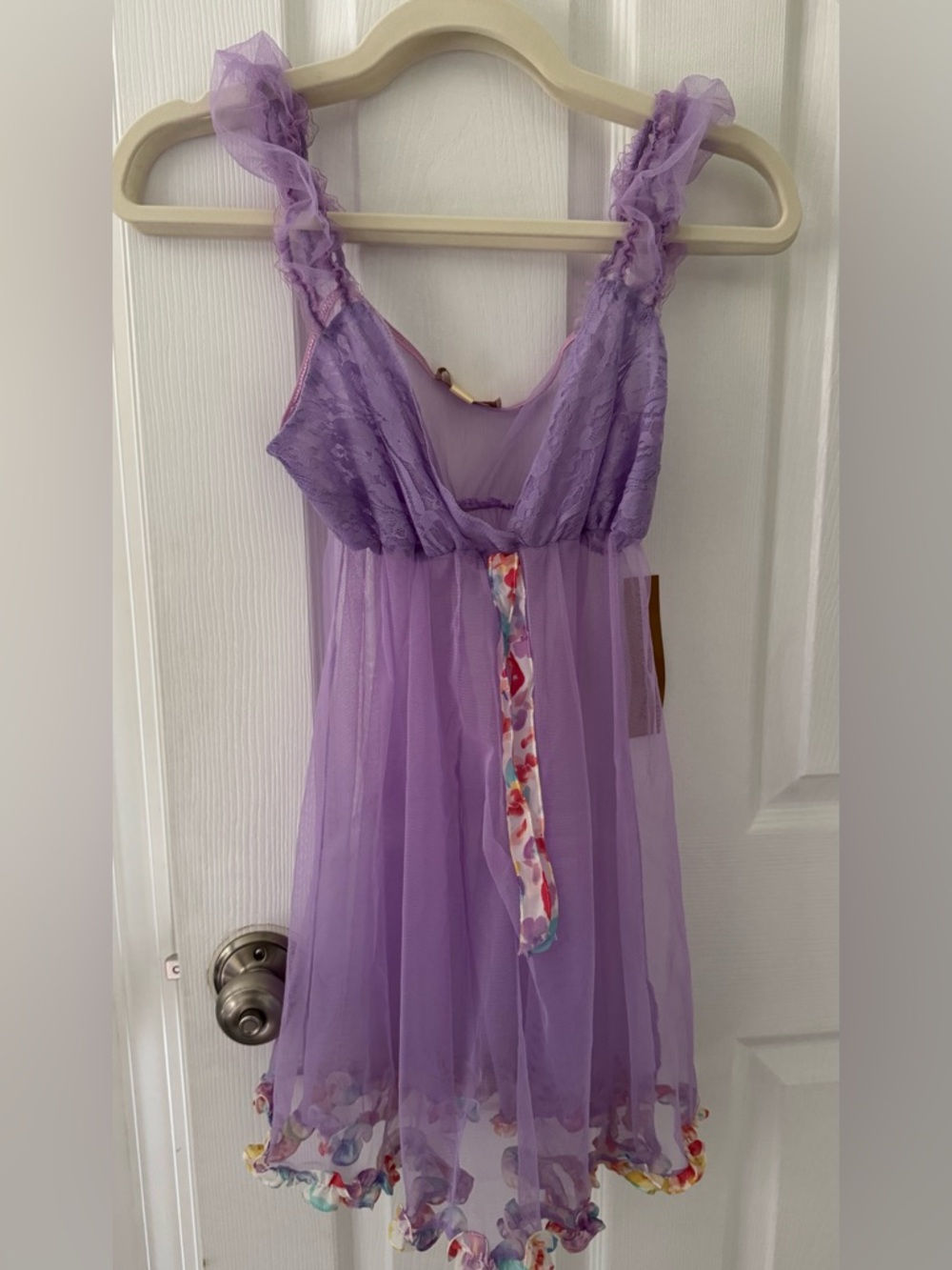 Flora Nikrooz Lavender Sheer Lace-Top Babydoll Chemise with Floral Trim